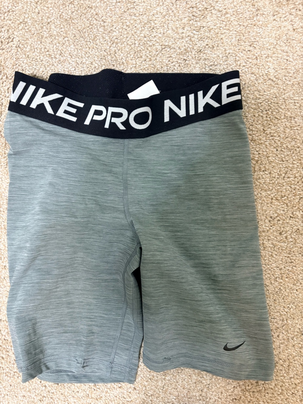 Nike Gray-Green Heather Pro Leggings with Black Logo Waistband